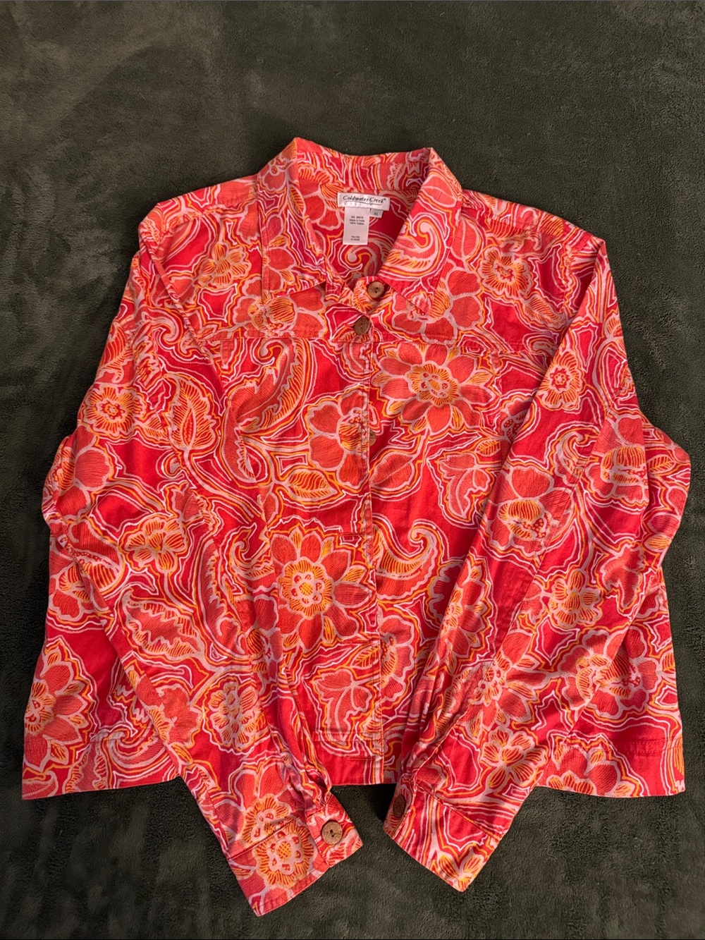 Coldwater Creek Coral & Yellow Floral Button Front Shirt